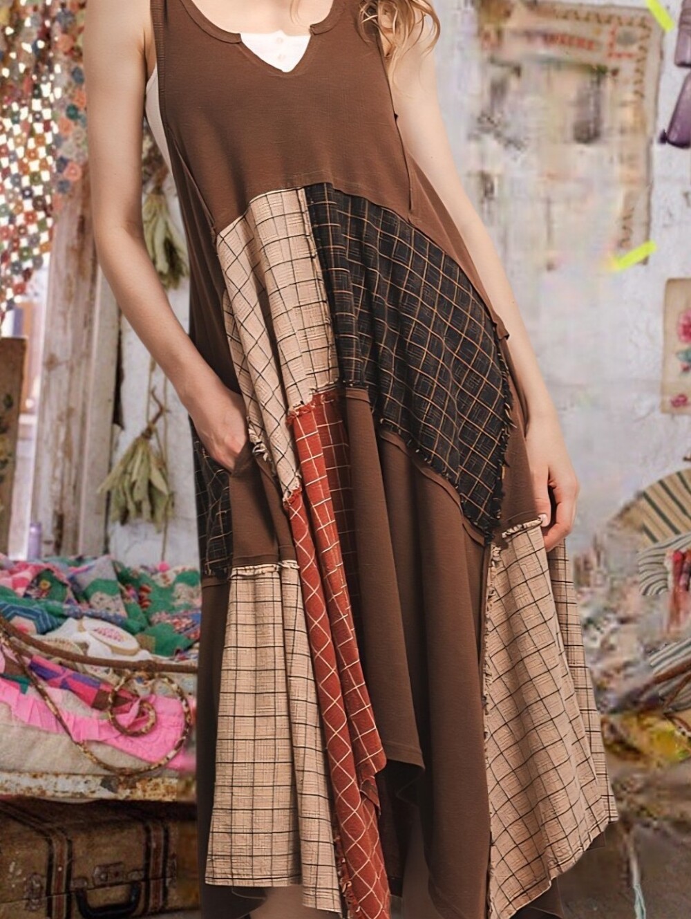 Boho Patchwork Free Style Tank Dress Bohemian Summer Hippie Peasant Dress L/XL - Picture 7 of 8